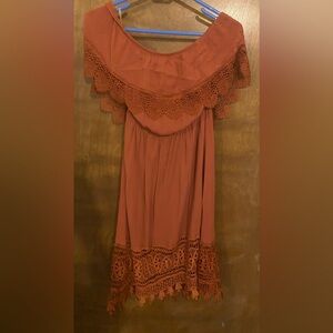 Burnt orange off the shoulder dress